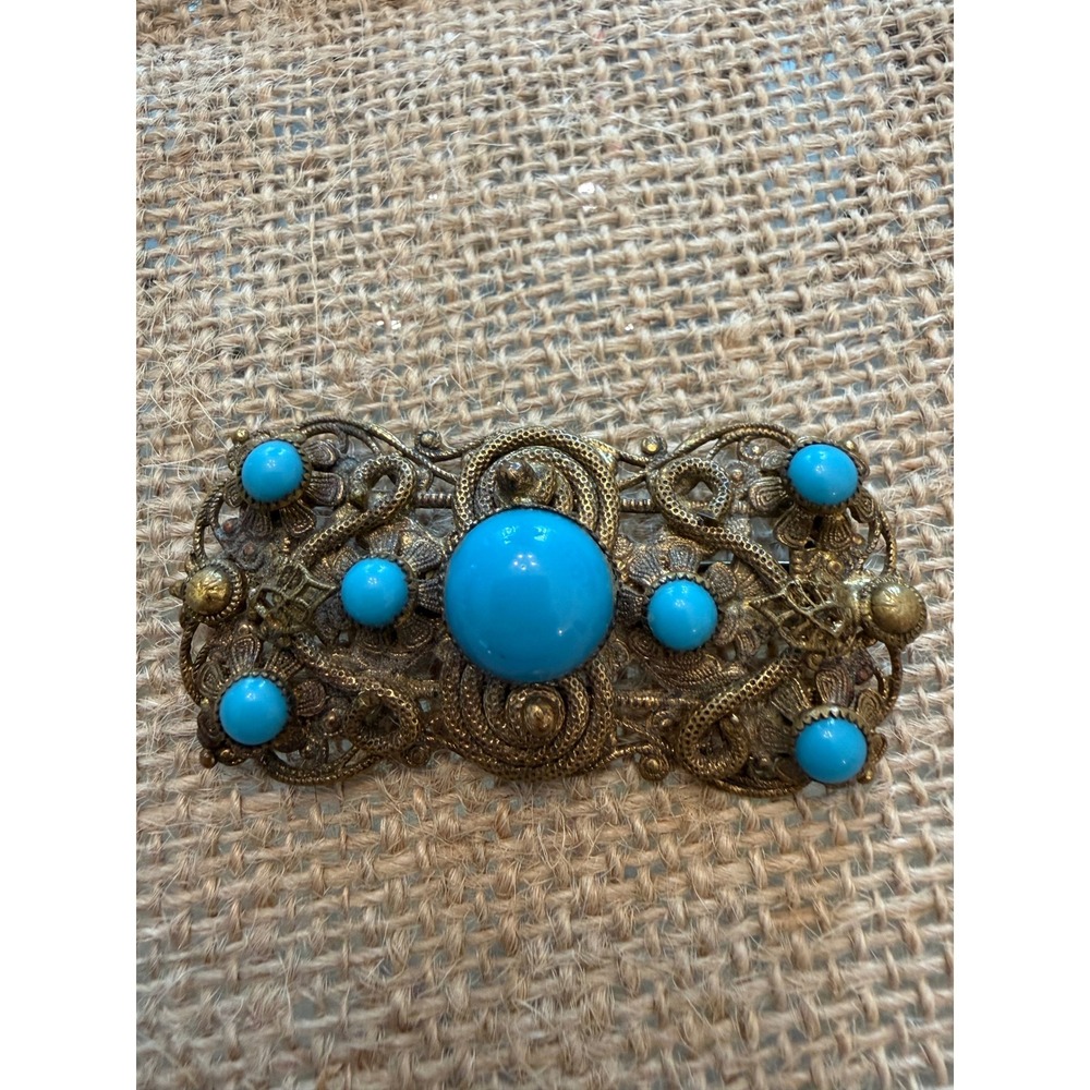 Vintage Czech Brass Filigree Brooch Turquoise Blue Cabochon Art Nouveau Pin
